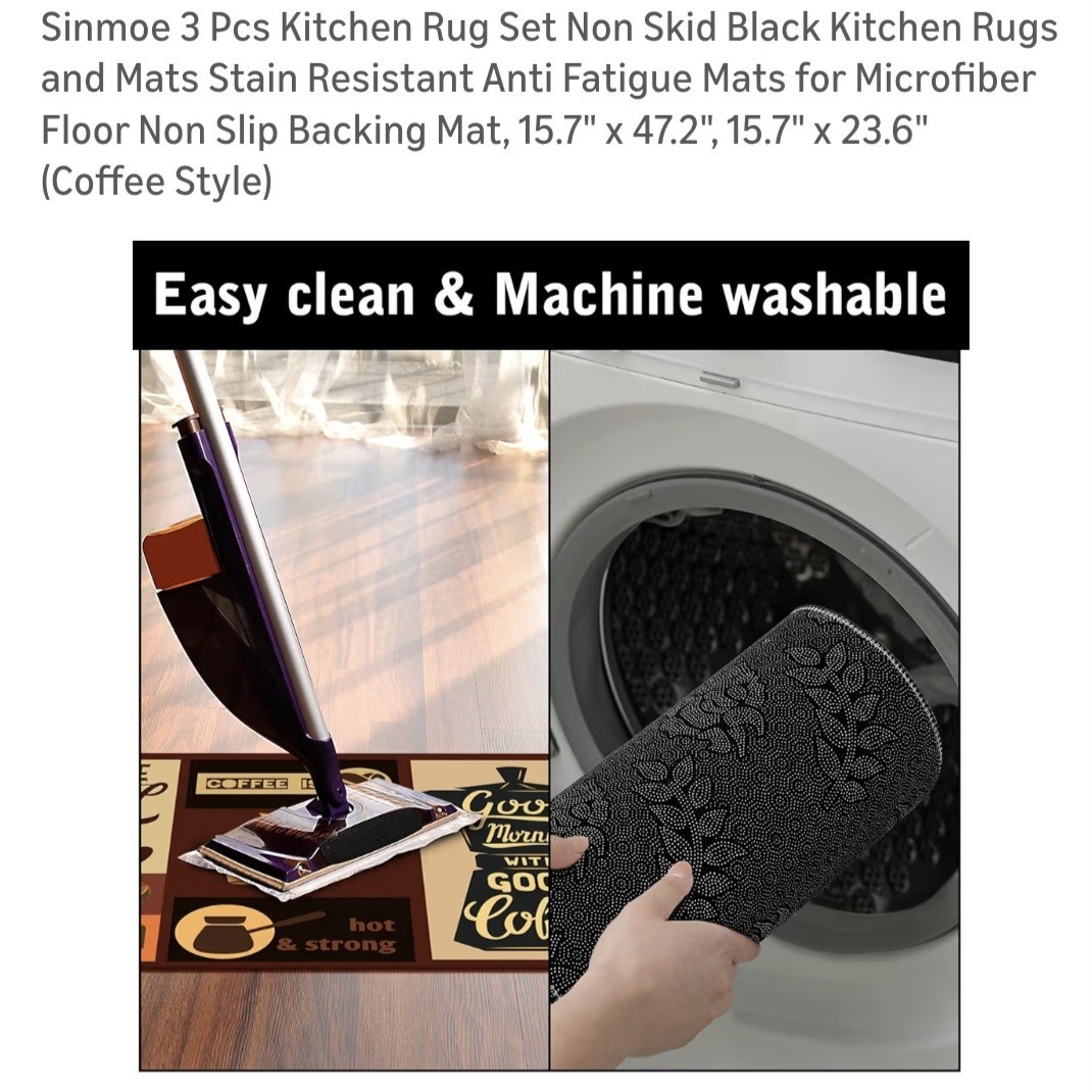 3 Pcs Kitchen Rug Set Non Skid Thick Black Kitchen Rugs and Mats Stain Resistant | eBay - Image 3