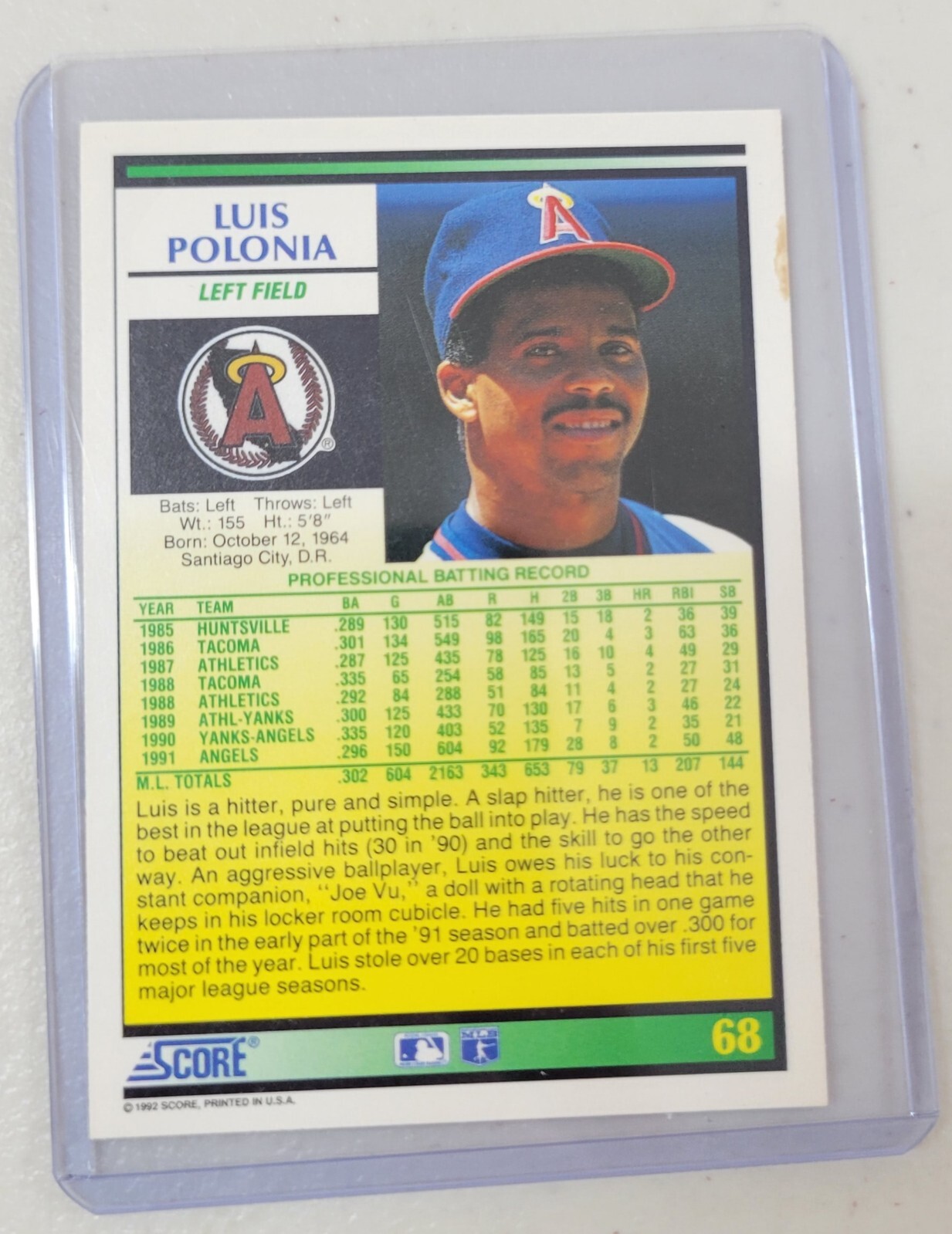 1992 Score Luis Polonia California Angels #68 | eBay - Image 2